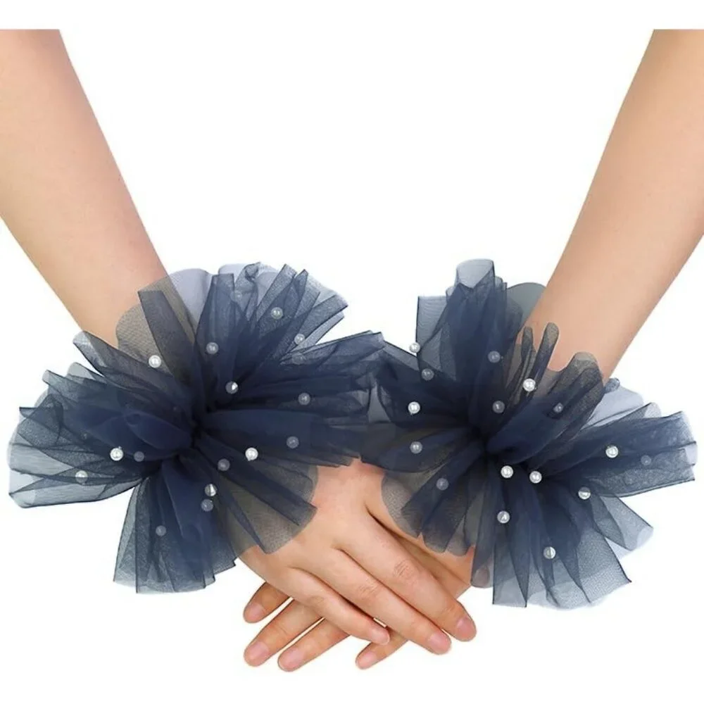 Women's Fingerless Navy Tulle Pearl Short Lace Gloves Hallowmas Accessory